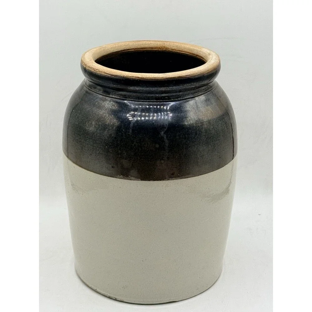 Antique Salt Glazed Two Tone Beige & Brown Stoneware Crock Jar 9.5” Tall